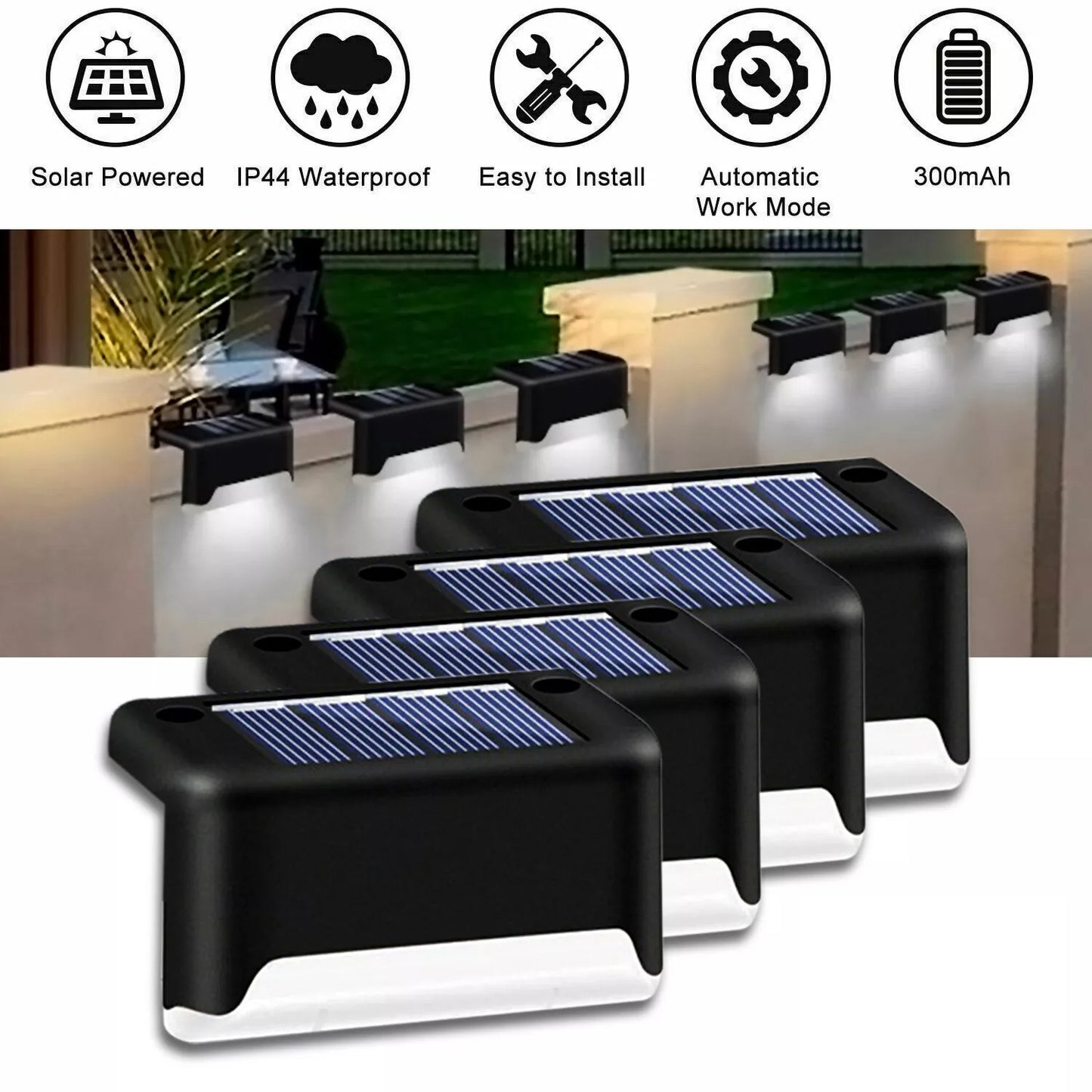 4-Pack Solar LED Deck Lights – Weatherproof Outdoor Step & Pathway Lighting