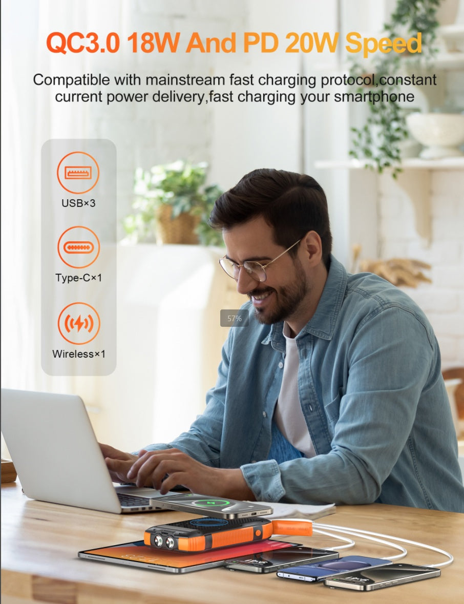 20000mAh Solar Power Bank – Waterproof, Fast Charging, Wireless, Outdoor Portable Charger