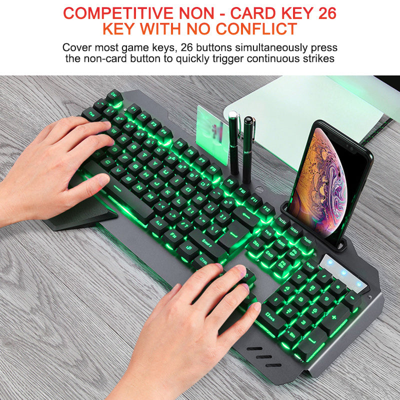 Ergonomic RGB Gaming Keyboard with Phone Holder – Wired Backlit Keyboard for PC & Laptop