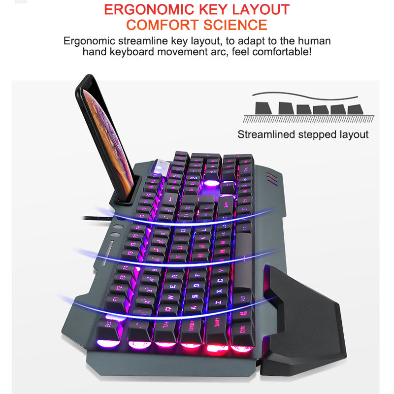 Ergonomic RGB Gaming Keyboard with Phone Holder – Wired Backlit Keyboard for PC & Laptop