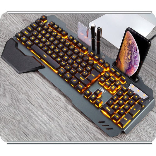 Ergonomic RGB Gaming Keyboard with Phone Holder – Wired Backlit Keyboard for PC & Laptop