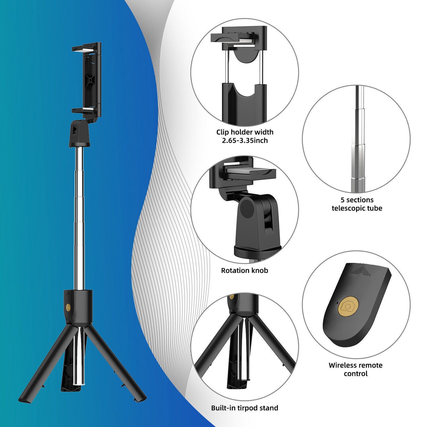 3-in-1 Universal Selfie Stick Tripod Stand with Bluetooth Remote – Adjustable Phone Holder