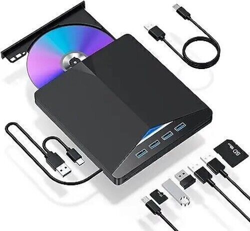 7-in-1 External USB 3.0 DVD CD RW Drive – Writer, Burner, Player with USB Hub & Card Reader