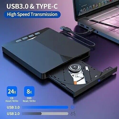 7-in-1 External USB 3.0 DVD CD RW Drive – Writer, Burner, Player with USB Hub & Card Reader