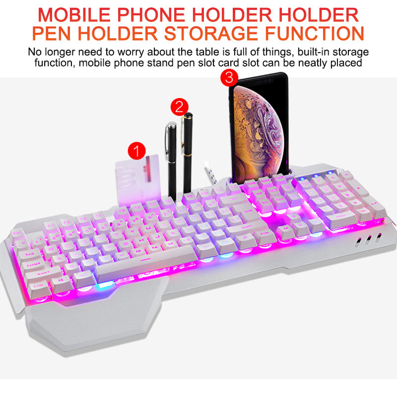 Ergonomic RGB Gaming Keyboard with Phone Holder – Wired Backlit Keyboard for PC & Laptop