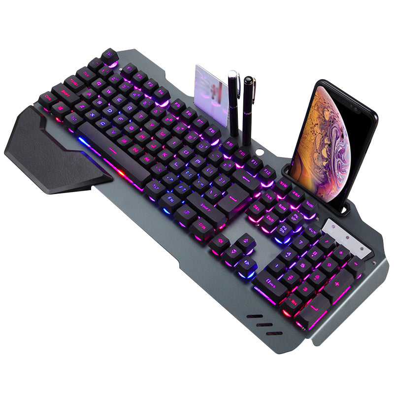 Ergonomic RGB Gaming Keyboard with Phone Holder – Wired Backlit Keyboard for PC & Laptop