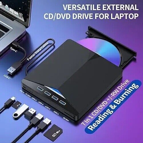 7-in-1 External USB 3.0 DVD CD RW Drive – Writer, Burner, Player with USB Hub & Card Reader