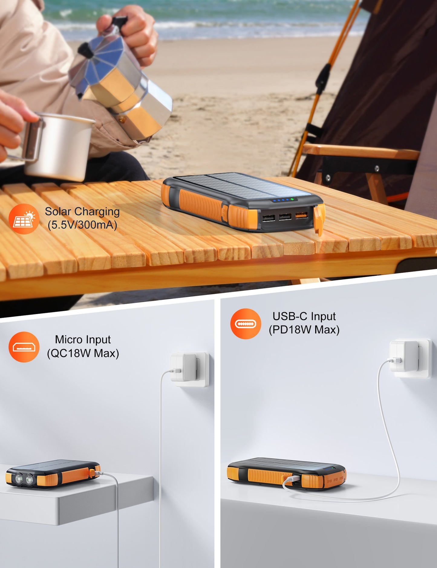 20000mAh Solar Power Bank – Waterproof, Fast Charging, Wireless, Outdoor Portable Charger