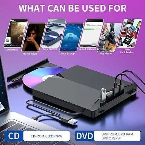 7-in-1 External USB 3.0 DVD CD RW Drive – Writer, Burner, Player with USB Hub & Card Reader