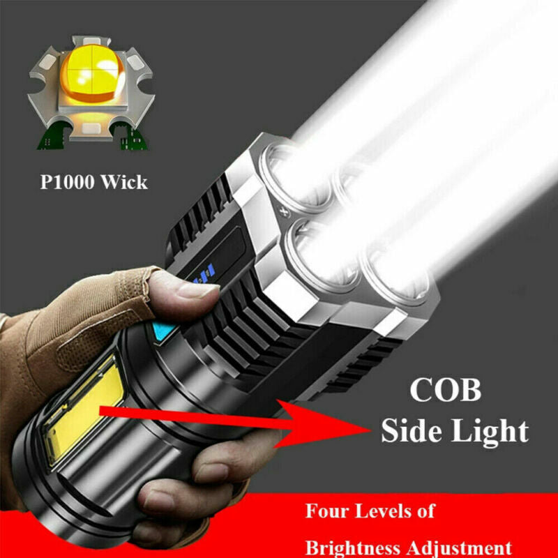 Powerful Tactical Quad-Core LED Flashlight – USB Rechargeable Super Bright Torch