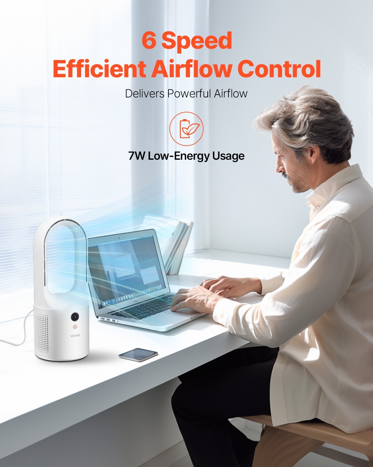 Portable Desk Bladeless Fan – 6-Speed Quiet Table Fan for Bedroom & Office