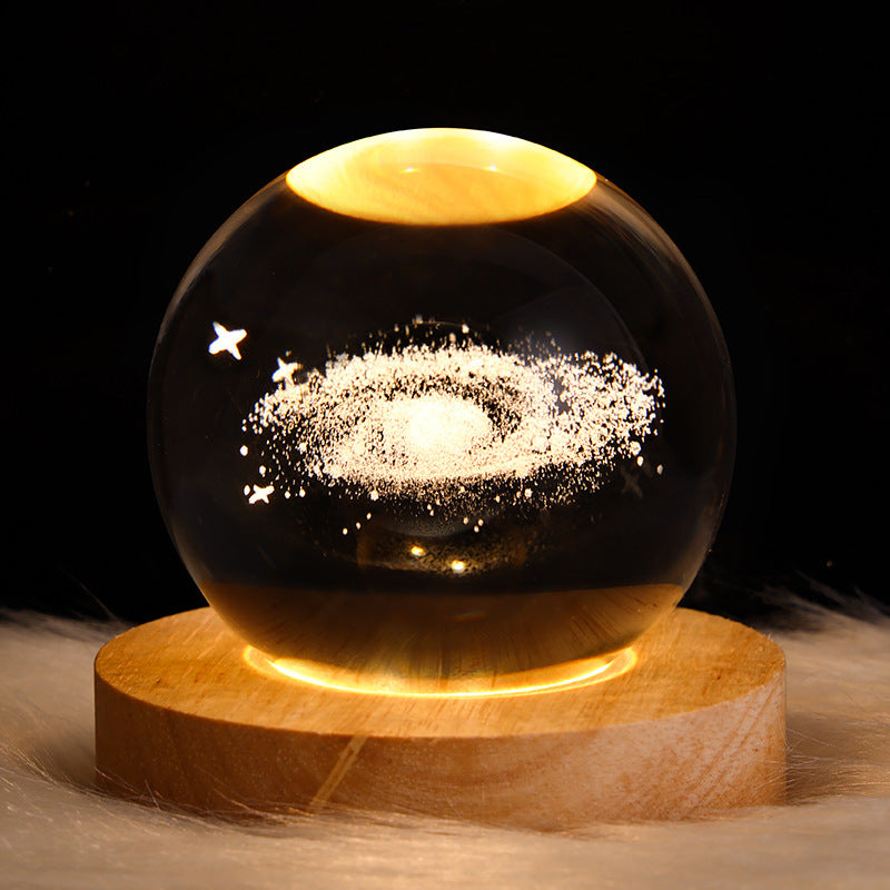 LED Crystal Ball Night Light – 3D Galaxy Design with Wooden Base