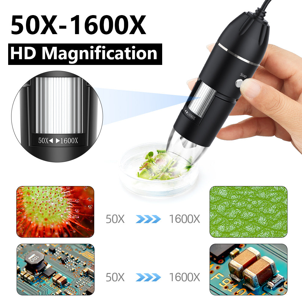 1600X 3-in-1 Digital Microscope Camera – USB/Type-C, LED, Portable
