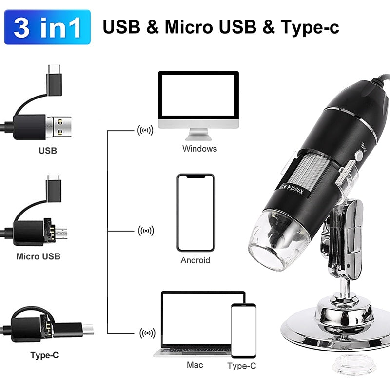 1600X 3-in-1 Digital Microscope Camera – USB/Type-C, LED, Portable