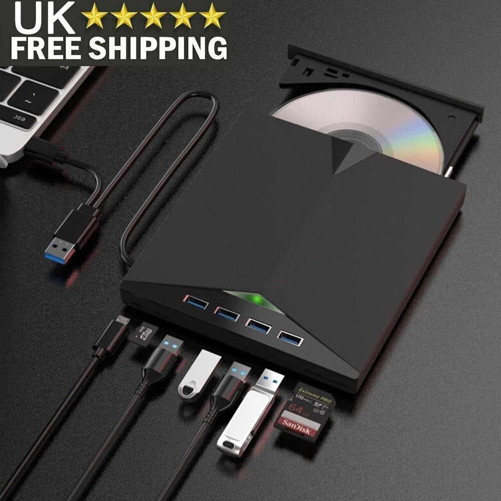 7-in-1 External USB 3.0 DVD CD RW Drive – Writer, Burner, Player with USB Hub & Card Reader