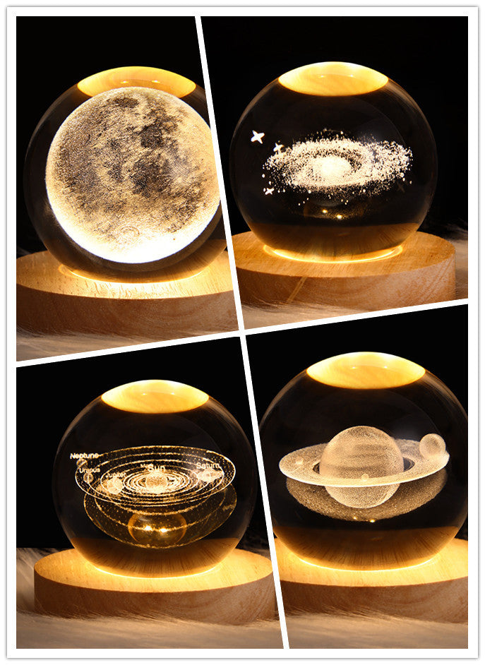 LED Crystal Ball Night Light – 3D Galaxy Design with Wooden Base