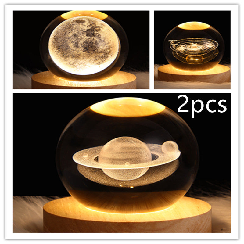 LED Crystal Ball Night Light – 3D Galaxy Design with Wooden Base