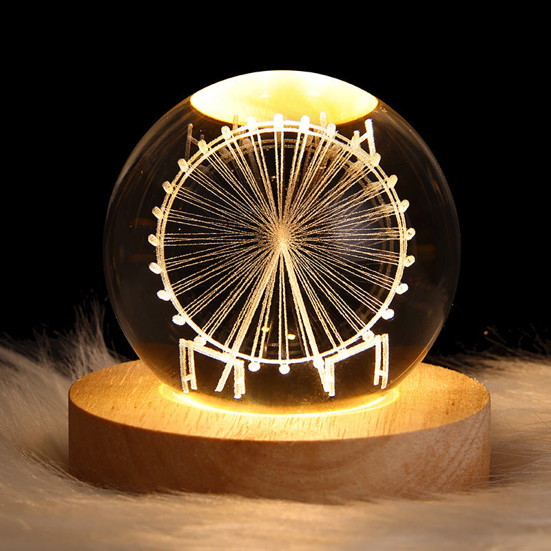 LED Crystal Ball Night Light – 3D Galaxy Design with Wooden Base