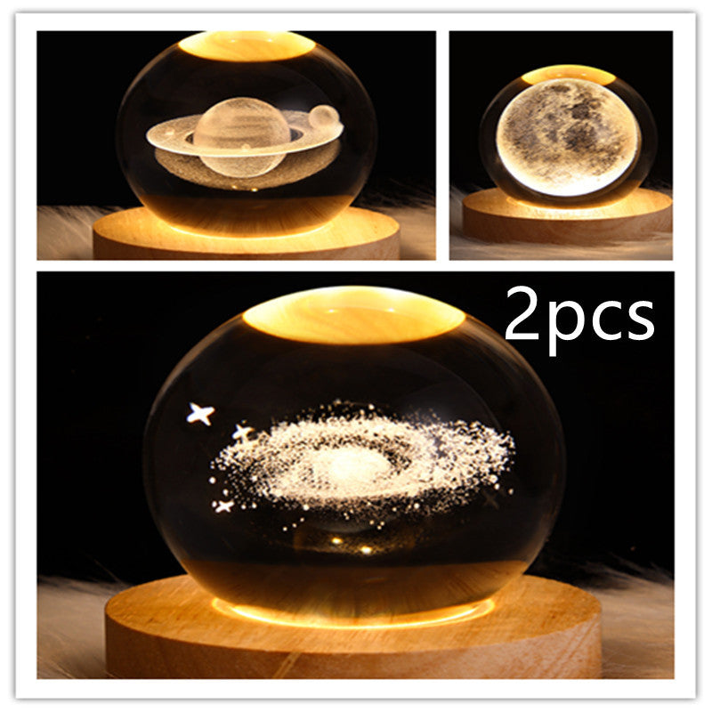 LED Crystal Ball Night Light – 3D Galaxy Design with Wooden Base