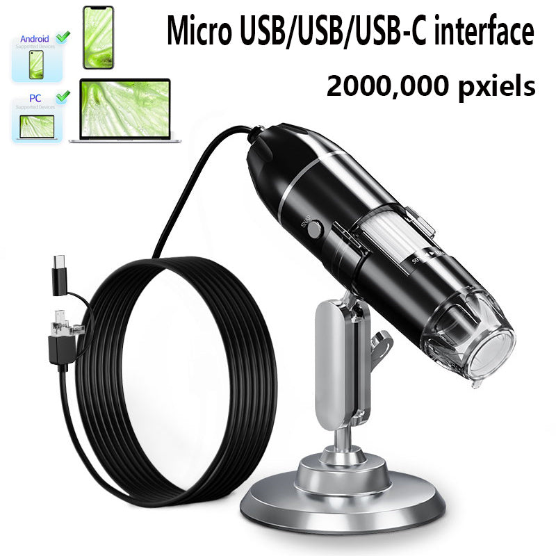 1600X 3-in-1 Digital Microscope Camera – USB/Type-C, LED, Portable