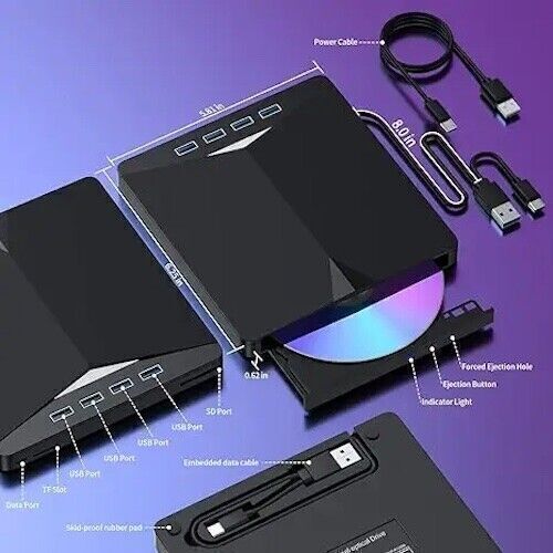 7-in-1 External USB 3.0 DVD CD RW Drive – Writer, Burner, Player with USB Hub & Card Reader