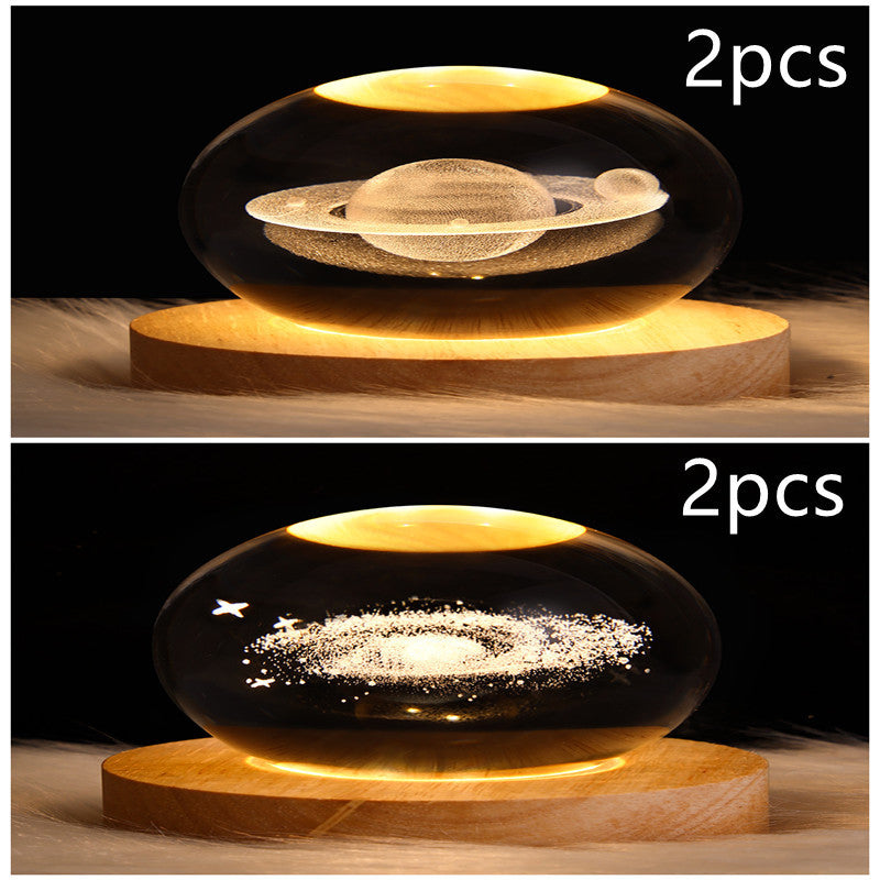 LED Crystal Ball Night Light – 3D Galaxy Design with Wooden Base