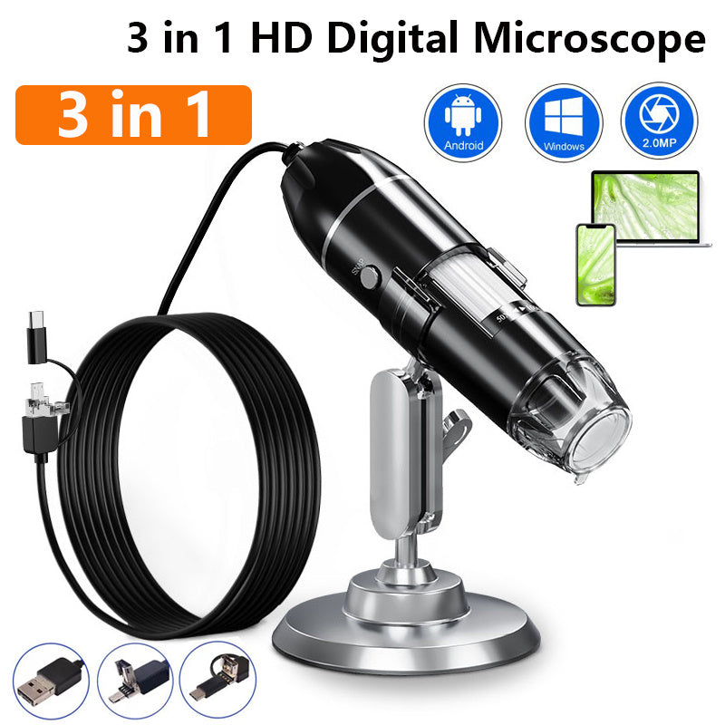 1600X 3-in-1 Digital Microscope Camera – USB/Type-C, LED, Portable