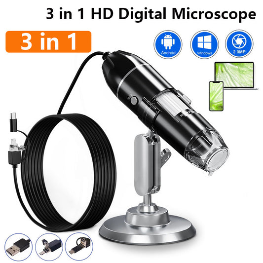 1600X 3-in-1 Digital Microscope Camera – USB/Type-C, LED, Portable