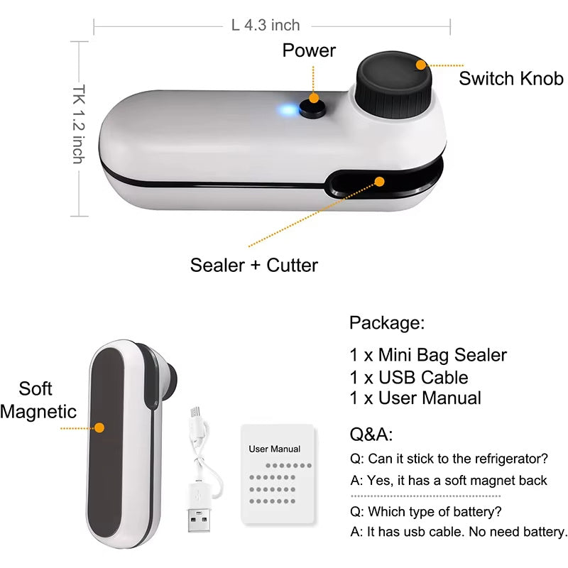 Rechargeable 2-in-1 Mini Heat Sealer & Bag Cutter – USB Portable Food Storage Tool