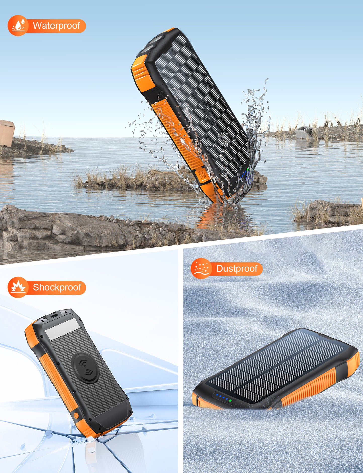 20000mAh Solar Power Bank – Waterproof, Fast Charging, Wireless, Outdoor Portable Charger
