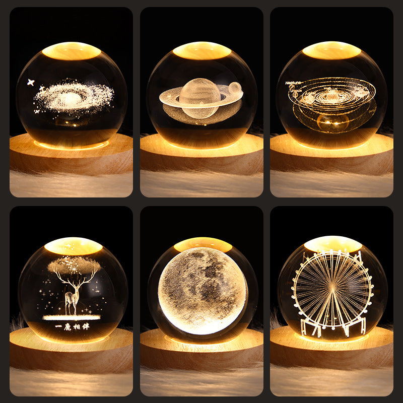 LED Crystal Ball Night Light – 3D Galaxy Design with Wooden Base