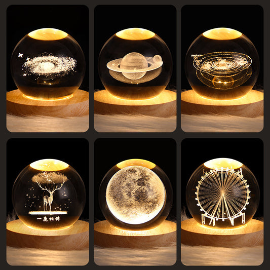 LED Crystal Ball Night Light – 3D Galaxy Design with Wooden Base